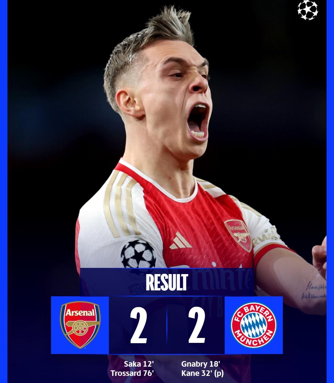 C1: Arsenal et le Bayern Munich se neutralisent 2-2 en quart aller 1 vis 0409202421045481