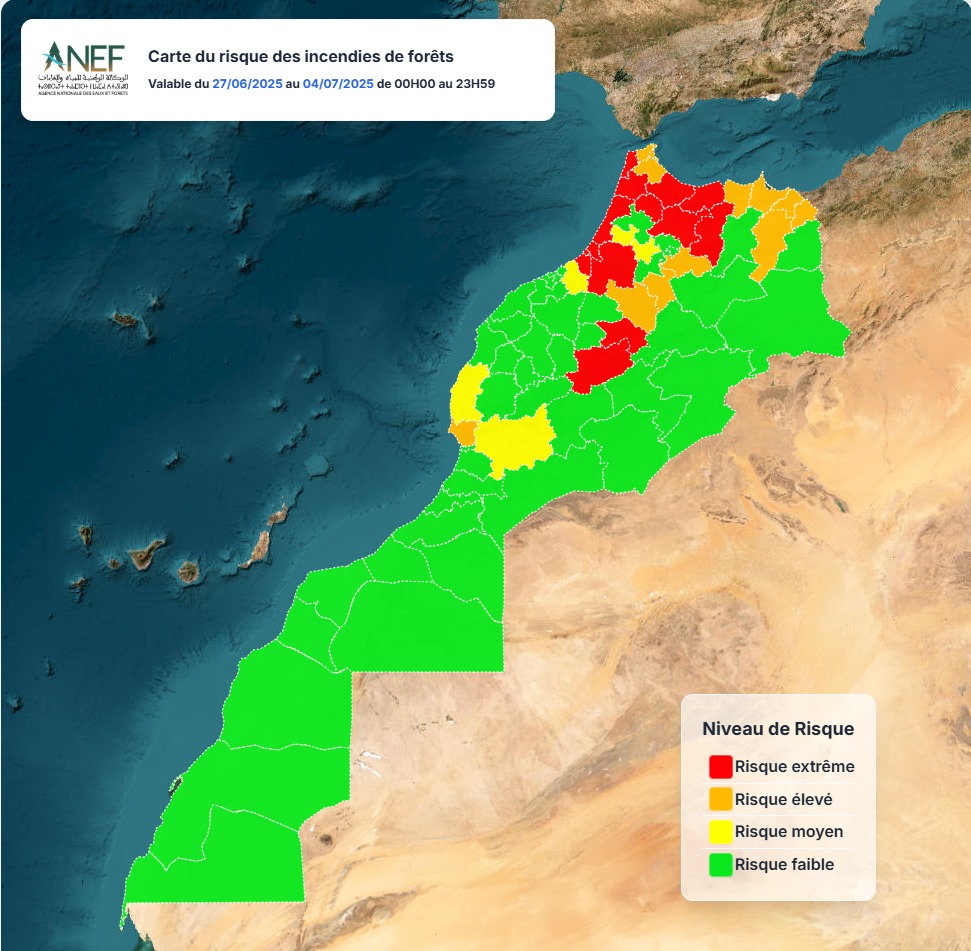 L'AGENCE NATIONALE DES EAUX ET FORETS PUBLIE UNE NOUVELLE CARTE PRECISE DES ZONES A RISQUE DES INCENDIES DE FORETS POUR LES DATES : DU 27 JUIN 2025 AU 24 JUILLET 2025. 1 WhatsApp Image 2025 06 27 at 10.50.28 1