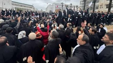 Une foule importante d’avocats vêtus de robes noires se rassemble en plein air, probablement devant un bâtiment institutionnel. Certains sont debout sur des marches ou une estrade, prenant la parole ou levant les mains, tandis que d’autres, en contrebas, écoutent et participent en levant les bras. L’atmosphère évoque une mobilisation ou une manifestation collective de la profession.