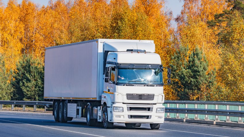 Camion de transport de marchandises blanc circulant sur une autoroute, entouré d’arbres aux couleurs automnales, avec des feuilles jaunes et orange en arrière-plan.