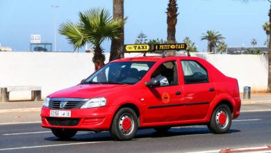 Un petit taxi rouge circule sur une avenue bordée de palmiers, sous un ciel dégagé. Le véhicule, de type berline, porte une enseigne « Petit Taxi » sur son toit et roule sur une large chaussée urbaine.